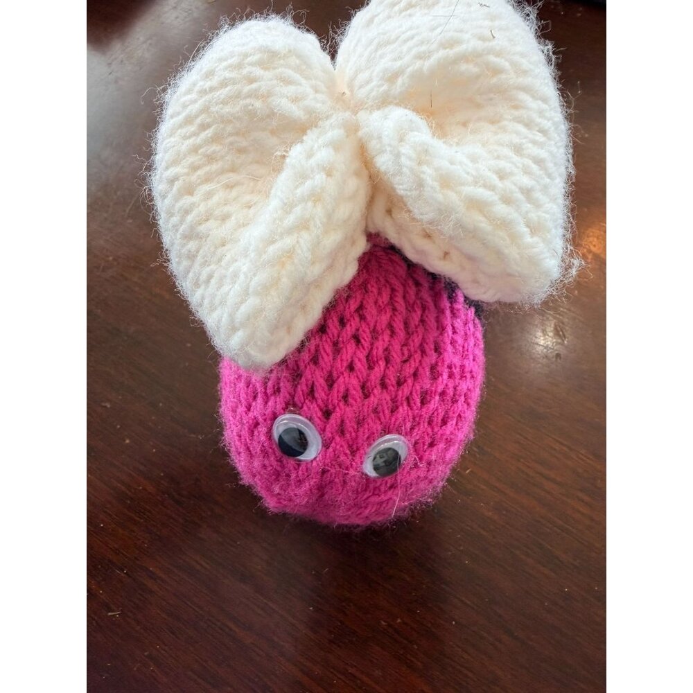 Handmade Knit Pink & Black Bee Plush Toy With White Wings & Googly Eyes